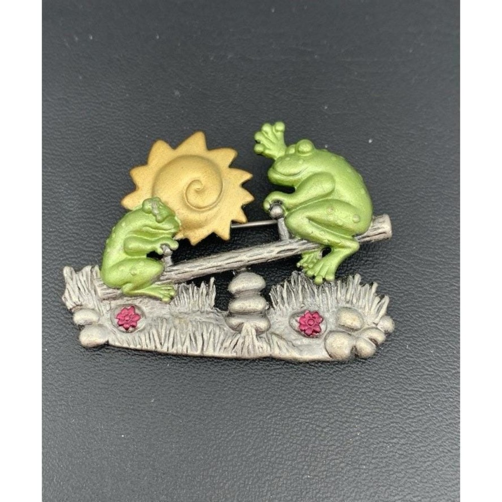 Vintage Signed DD Patricia Darling Dash Enamel Frogs On Seesaw Pewter Pin Brooch
